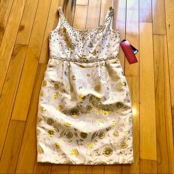 CARMEN MARC VALVO JEWEL EMBELLISHED IVORY & CHAMPAGNE GOLD DRESS 6 NWT - Picture 6 of 16